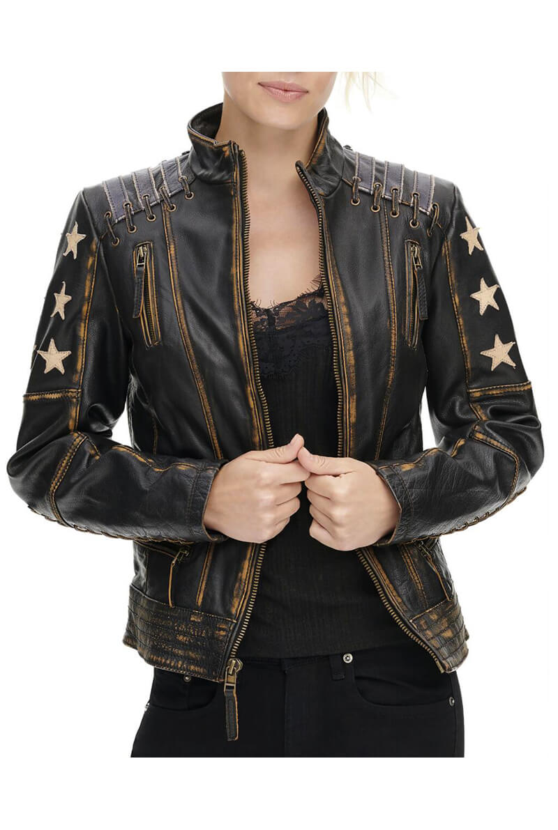 Women's Star Print Leather Biker Jacket