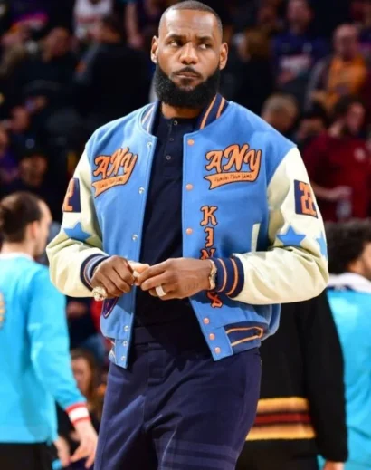 NBA 2022 LeBron James Varsity Jacket in blue and off-white with wool and leather material