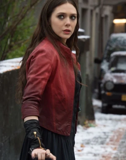 Elizabeth Olsen as Scarlet Witch wearing a maroon jacket in Avengers Age of Ultron