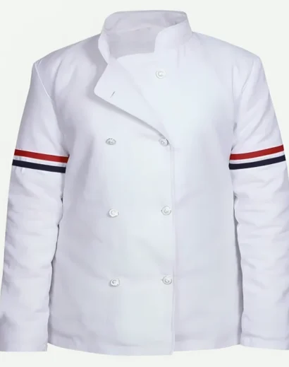 Front view of the Thom Browne Chef White Jacket worn by a model