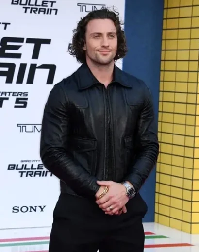 Aaron Taylor-Johnson in Kraven the Hunter black leather jacket on set