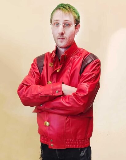 Front View of Men's Akira Kaneda Red Leather Motorcycle Jacket