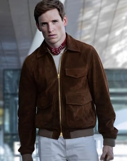 Front view of the brown suede jacket worn by Eddie Redmayne in The Day of the Jackal.