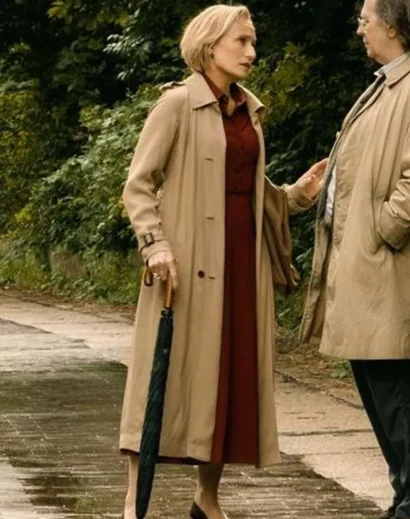 Kristin Scott Thomas as Diana Taverner in Slow Horses Season 2 wearing a brown wool coat