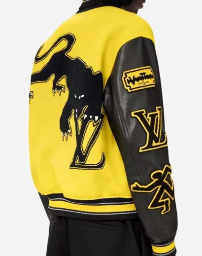 LV Yellow and Black Leather Letterman Jacket - Close-up of Leather Sleeves and Wool Body