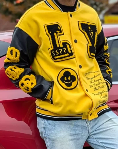 LV Yellow and Black Leather Letterman Jacket - Embroidered Patches and Logos on Chest