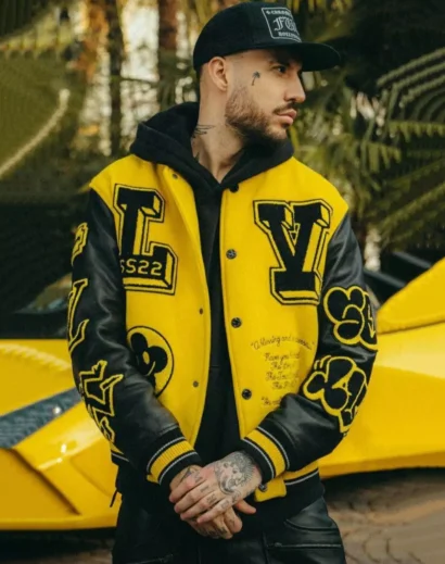 LV Yellow and Black Leather Letterman Jacket - Side Profile of Men’s Varsity Jacket