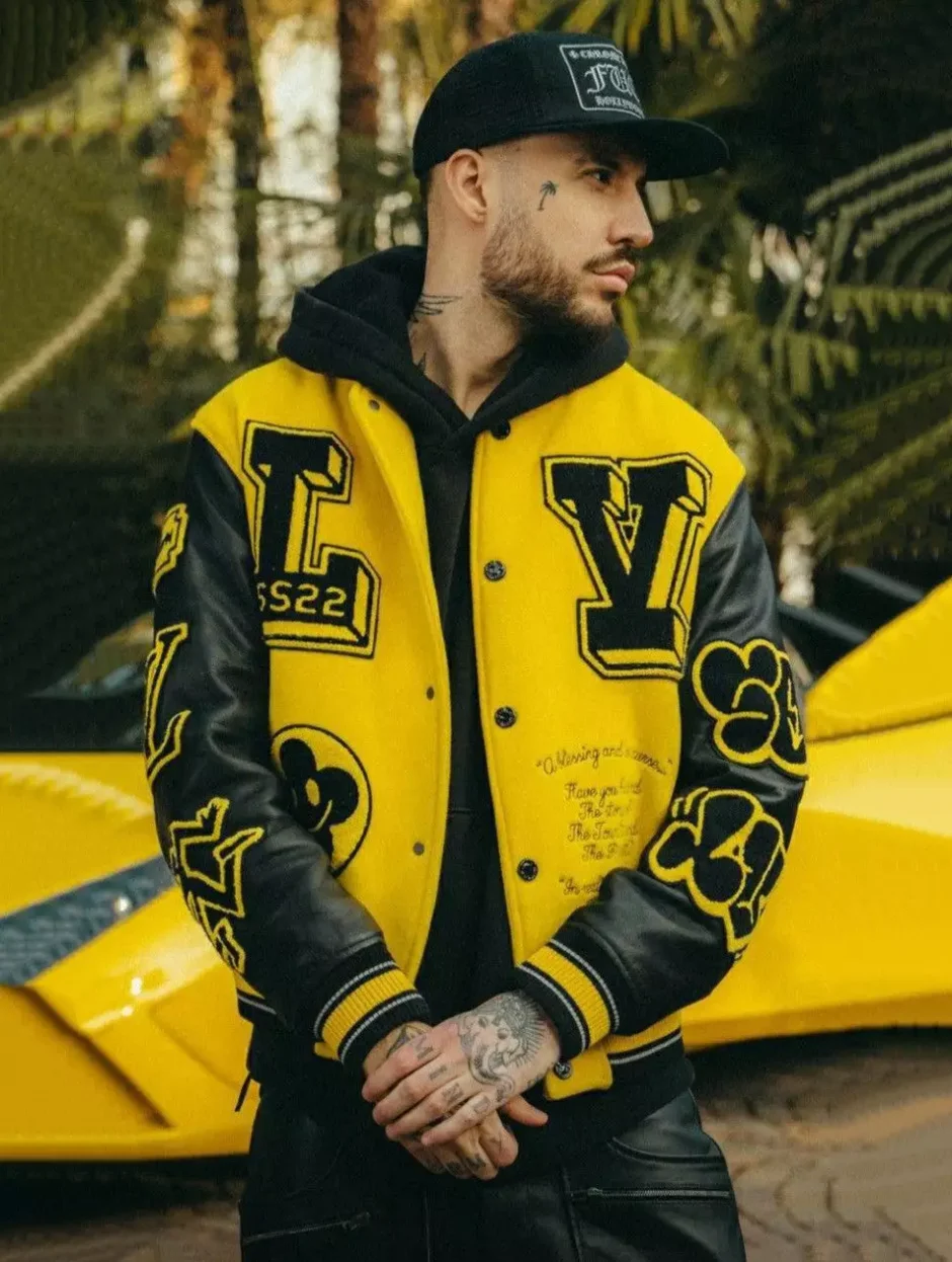 LV Yellow and Black Leather Letterman Jacket - Side Profile of Men’s Varsity Jacket