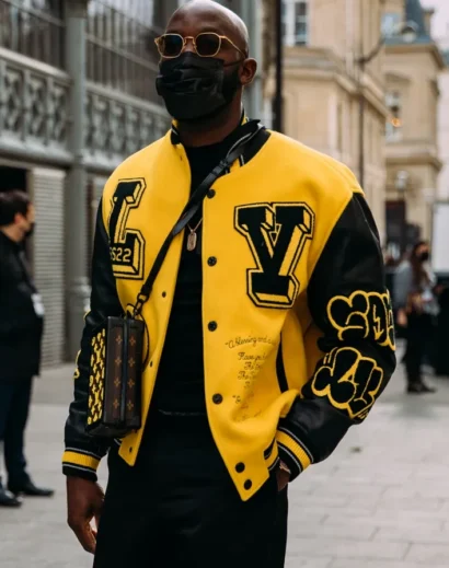 Men Black and Yellow Varsity Jacket - LV Yellow and Black Leather Letterman Jacket Front View