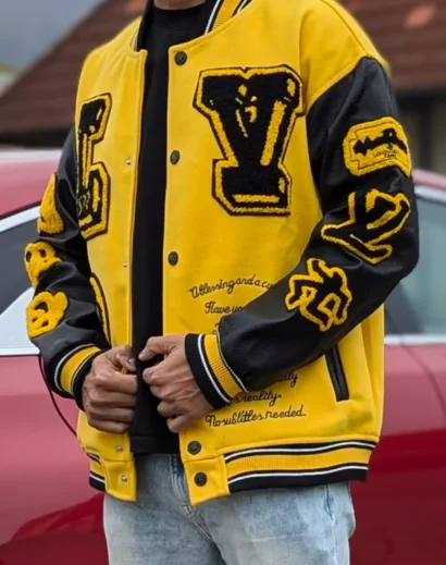 Men Black and Yellow Varsity Jacket - Ribbed Collar, Cuffs, and Hem Detailing