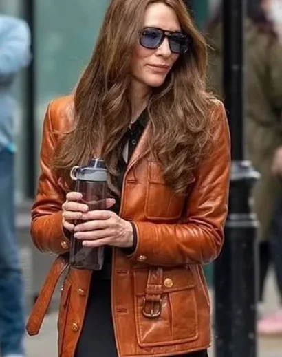 Stylish Brown Leather Jacket from Black Bag 2025 – Worn by Cate Blanchett