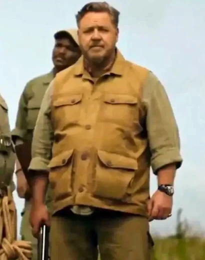 Front view of Russell Crowe Kraven the Hunter brown vest displayed on mannequin