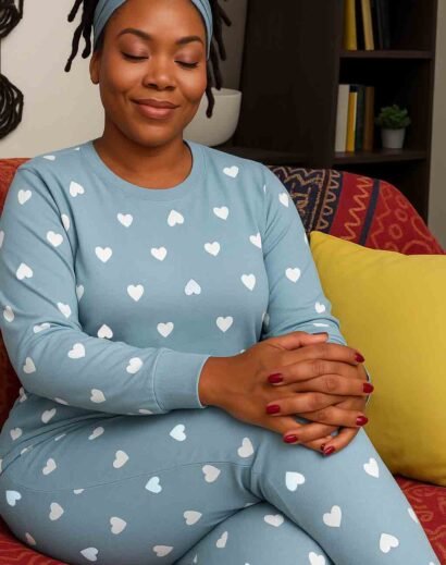 Front view of woman in teal heart print pajamas with drawstring waist, hands in pockets, casual pose.