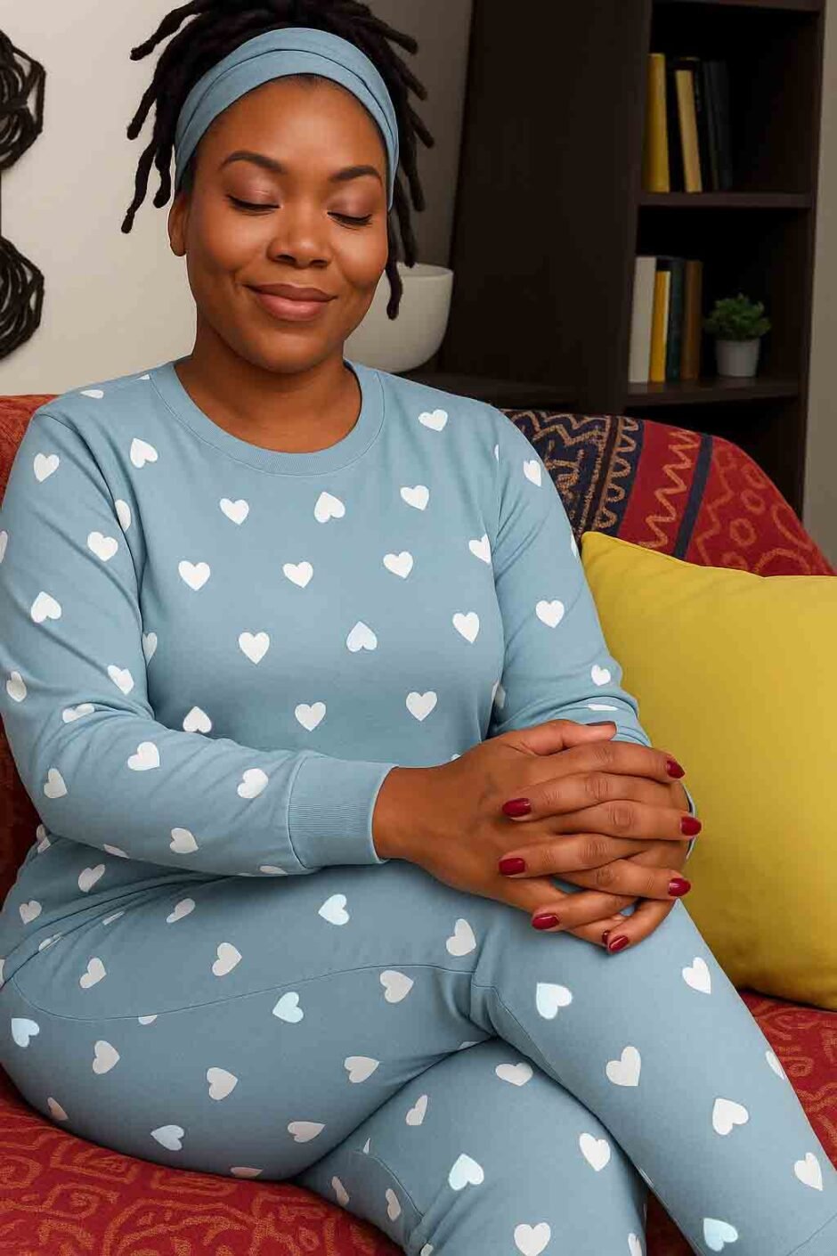 Front view of woman in teal heart print pajamas with drawstring waist, hands in pockets, casual pose.