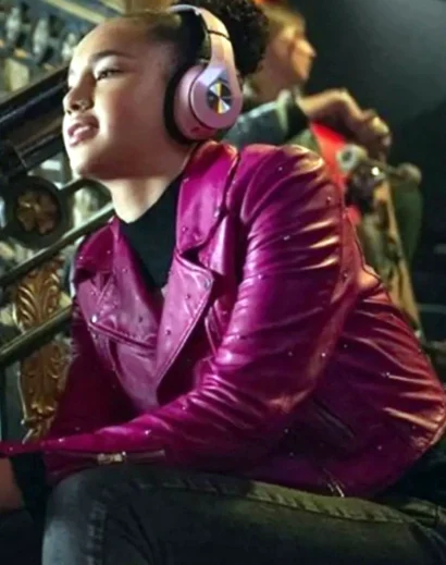 Back design of Gina High School Musical The Series pink leather jacket with studs