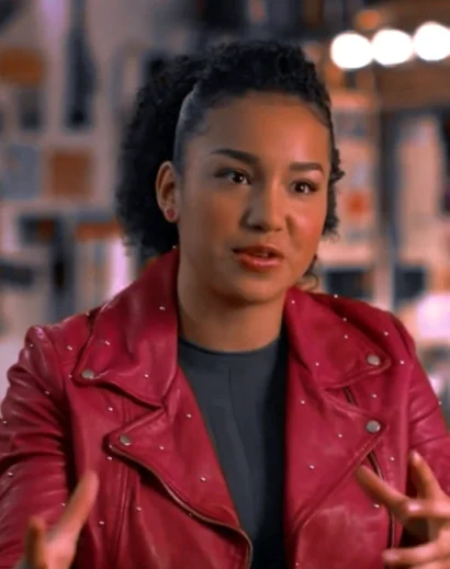 Close-up of Gina High School Musical The Series pink leather jacket showing details
