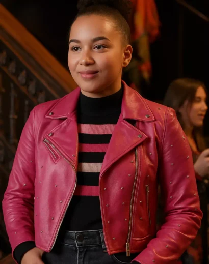 Front view of Gina High School Musical The Series pink leather jacket with studded design