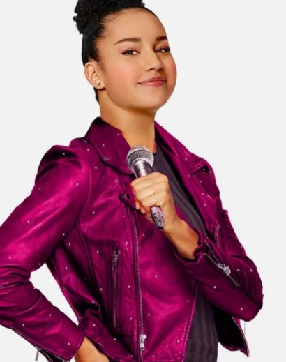 Side pose of Gina wearing the High School Musical The Series pink leather jacket
