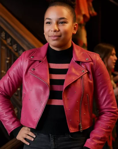 Stylish look of Gina from High School Musical The Series in pink leather jacket