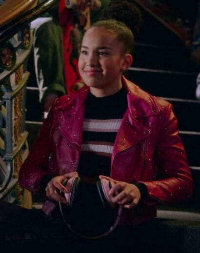 Trendy teen style of Gina from High School Musical The Series in pink leather jacket