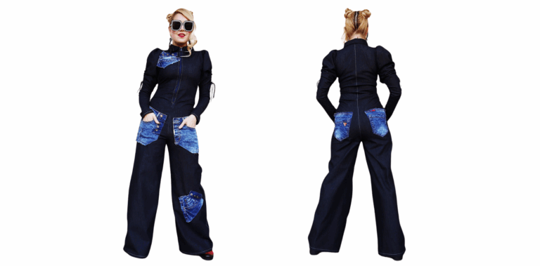 Women’s 90s Style Denim Jumpsuit with Patches for Club Party