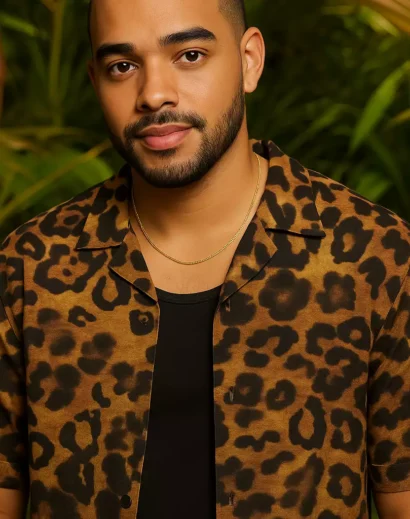 Full body pose in 90 Day Hunt For Love leopard print shirt
