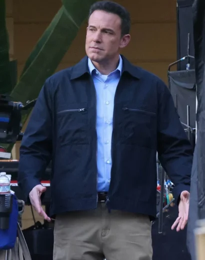 Close-up of The Accountant 2 jacket collar and zipper design