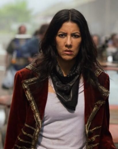 Stephanie Beatriz Twisted Metal Maroon Velvet Blazer