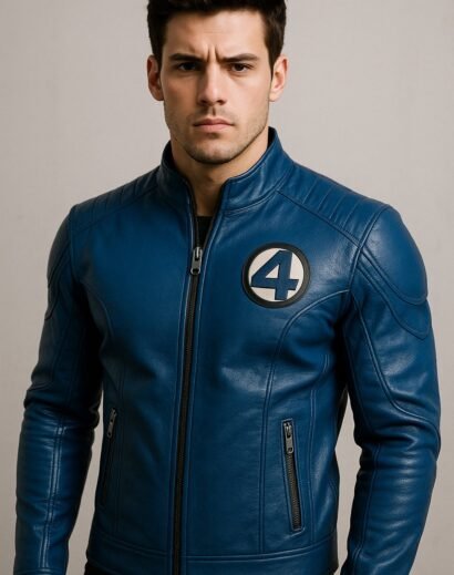 Fantastic Four Blue Leather Jacket Front View – Superhero Moto Biker Style