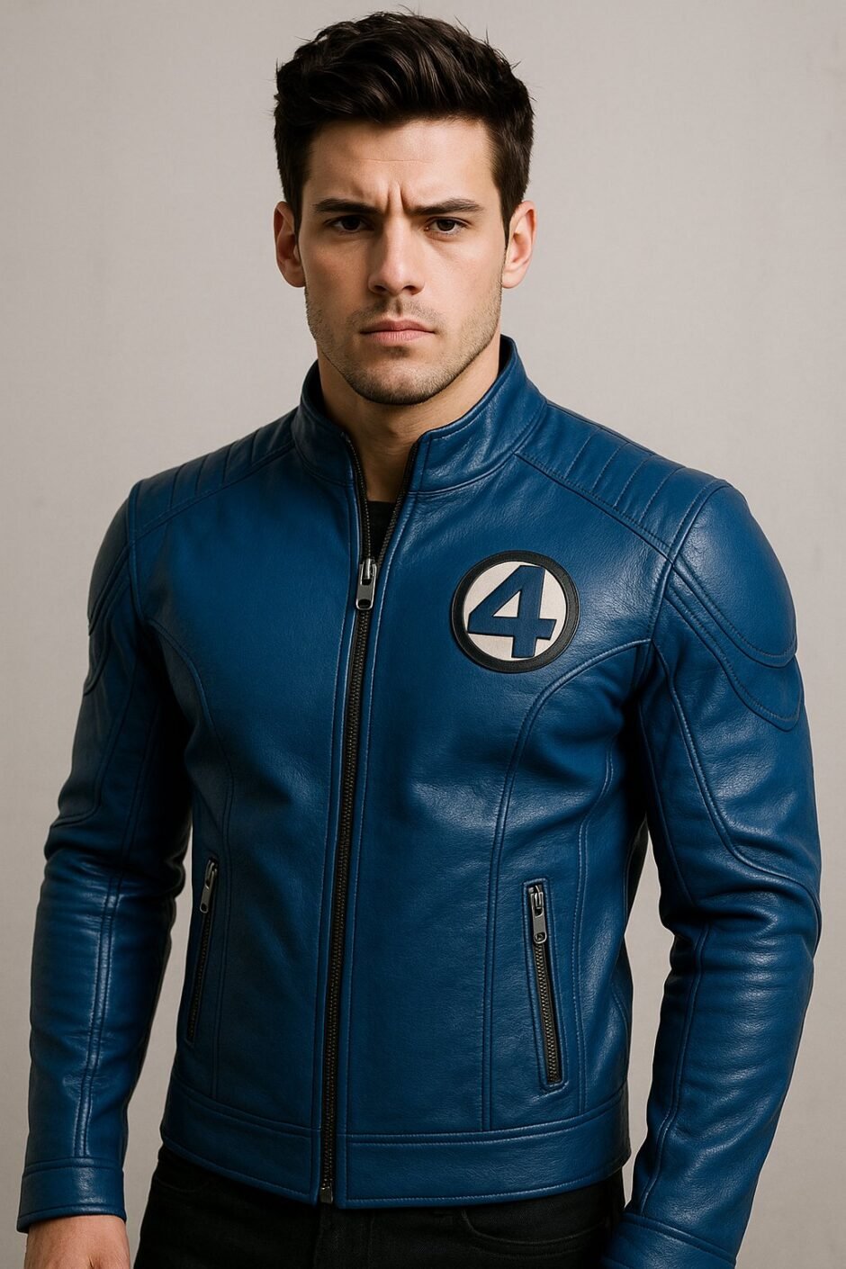 Fantastic Four Blue Leather Jacket Front View – Superhero Moto Biker Style