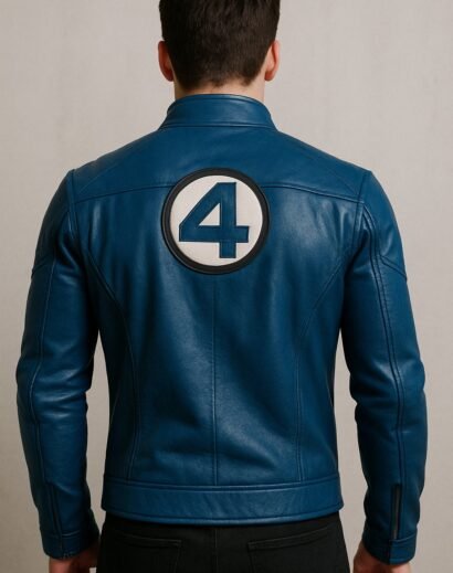 Men’s Fantastic 4 Blue Leather Jacket with White Accents and Logo