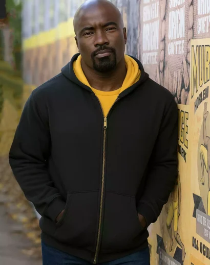 Mike Colter Luke Cage Zipper Hoodie Front View Black Cotton Fleece