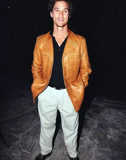 Classic Matthew McConaughey Tan Leather Jacket Outfit