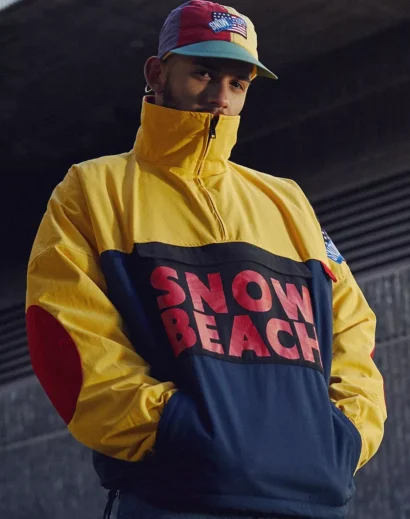 Original 1992 Polo Snow Beach jacket with iconic “SNOW BEACH” print on the front