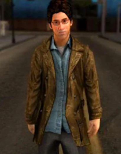 Front view of Silent Hill Harry Mason jacket, men’s cosplay leather jacket with lapel collar