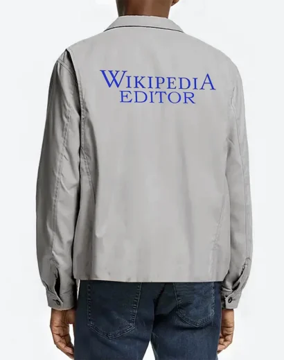 Back view of Wikipedia Editor Jacket featuring embroidered “Wikipedia Editor” logo for casual style