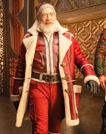 Red One 2024 J.K. Simmons Santa Claus Coat front view with lapel collar and duffle closure Title: Red One Santa Coat Front View