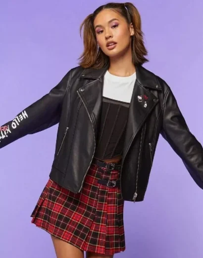 hello-kitty-jacket-forever-21-model-wearing Model wearing Hello Kitty jacket Forever 21 styled with casual outfit