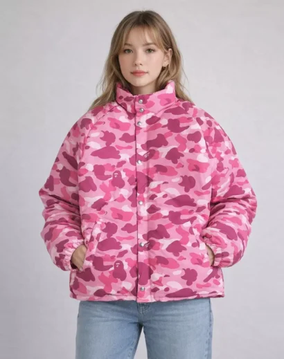 Women wearing Juice WRLD Pink Camo Puffer Jacket front look, hip hop street fashion outfit styled with juice wrld pink cargos