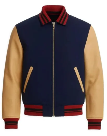 classic-mens-varsity-bomber-jacket-navy-wool-tan-leather-sleeves Classic men’s varsity bomber jacket with pockets – navy wool body tan leather sleeves