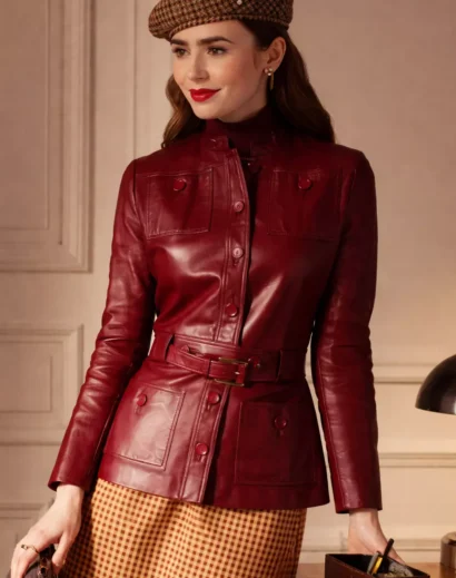 Emily in Paris Season 4 Lily Collins wearing a red leather jacket, iconic Emily in Paris S4 red jacket style by Lily Collins