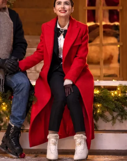 Close-up detail of Lily Collins Emily in Paris S04 red coat, showcasing premium fabric, elegant tailoring, and iconic emily in paris red coat design.