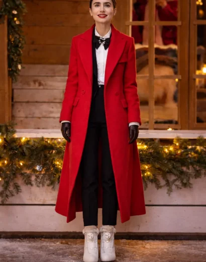 lily-collins-emily-in-paris-s04-red-coat-front Lily Collins wearing Emily in Paris S04 red coat, a stylish lily collins red long coat inspired by Emily in Paris red coat season 4, featuring an elegant trench coat Emily in Paris look.