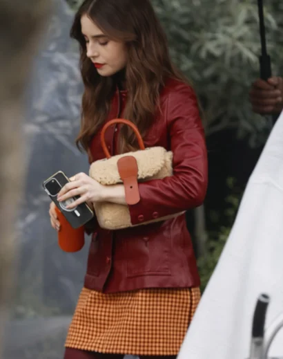 Lily Collins leather jacket inspired by Emily in Paris season 4, red leather jacket worn by Lily Collins