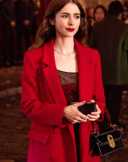 lily-collins-red-coat-emily-in-paris-side-angle Side angle view of Lily Collins red coat from Emily in Paris S04, highlighting the tailored trench coat Emily in Paris design and elegant emily long coat fit.