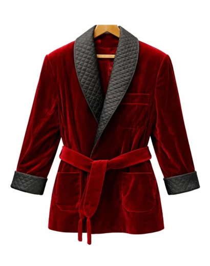 Luxury men’s velvet smoking jacket front view with quilted shawl collar and belt