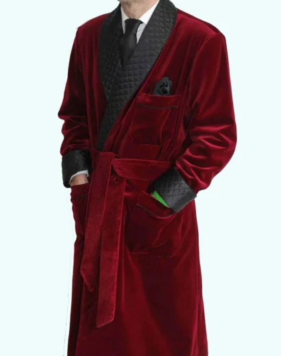 mens-velvet-smoking-jacket-hanging-display Men’s velvet smoking jacket hanging on wooden hanger front view