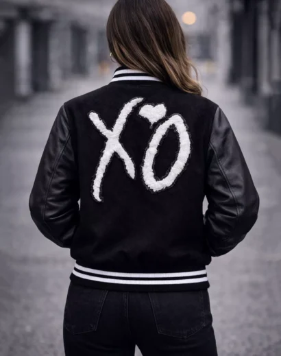 the-weeknd-xo-jacket-women-style-2 The Weeknd XO Jacket women streetwear style, modern varsity jacket design