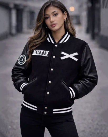 xo-tour-award-jacket-the-weeknd-women The Weeknd XO Tour Varsity Jacket worn by female model, fashion inspired outerwear