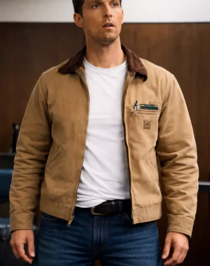 Carhartt jacket Interstellar inspired workwear coat, similar to the jacket in Interstellar worn by Cooper, rugged brown canvas outerwear.